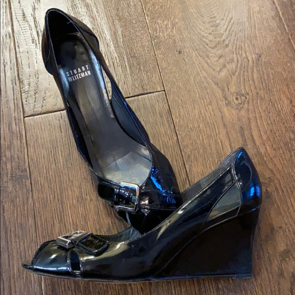 Stuart Weitzman black patent leather wedges